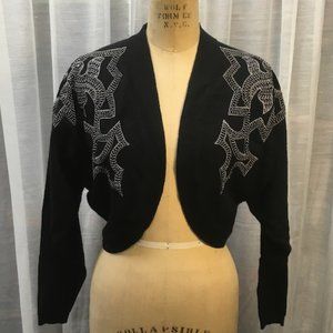 Stunning Vintage 80s Sweater Bolero Cerini Black Beaded Goth Punk Batwing 50s